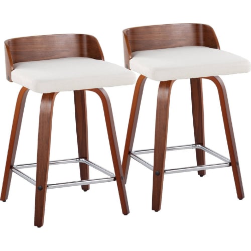 Maya 24" Swivel Counter Stool in Walnut Wood & Cream Fabric w/ Chrome Footrest (Set of 2)